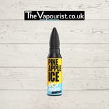 Riot Squad Vape - Pineapple Ice Long Fill 60ml bottle with bold yellow and blue label, ideal for sub-ohm vaping with pineapple and menthol flavor.