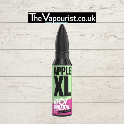 Riot Squad Apple XL Longfill vape juice bottle with green apple flavor, 60ml e-liquid for DIY mixing, displayed on wooden background.