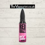 Riot Squad Red Razz Long Fill 60ml vape juice bottle with bullet-shaped cap, featuring bold red raspberry flavor branding for e-cigarette users.
