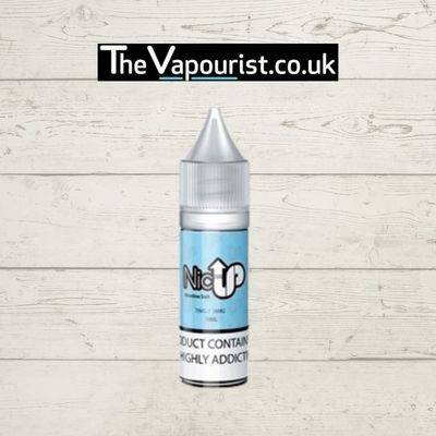 NicUp Nicotine SALT Shot 70/30 18mg e-liquid booster with high VG for smooth and cloudy vaping, displayed against a rustic wood background.