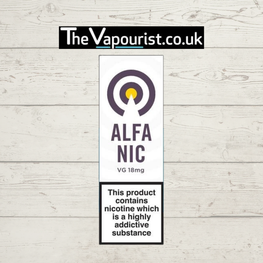 Alfa Nic Shot 18mg Booster - VG Pure Nicotine bottle label with warning text. Ideal for enhancing shortfill e-liquids with smooth vaping experience.
