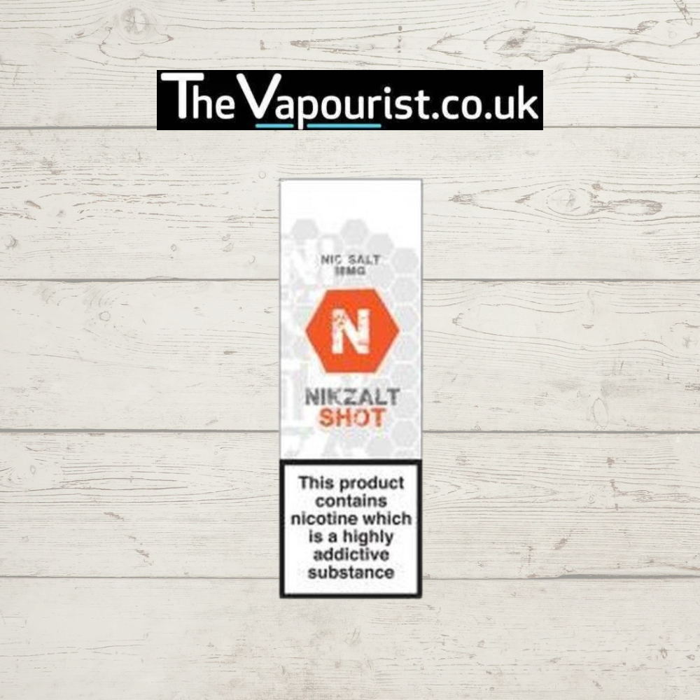 Alfa Labs Nic Shot 18mg - Nikzalt 75VG bottle with bold N logo and nicotine warning label, ideal for smooth, fast-absorbing shortfill vaping.