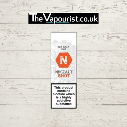 Alfa Labs Nic Shot 18mg - Nikzalt 75VG bottle with bold N logo and nicotine warning label, ideal for smooth, fast-absorbing shortfill vaping.
