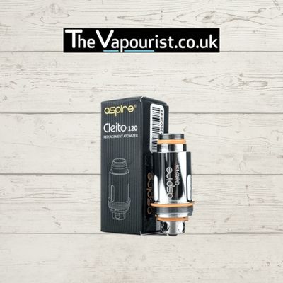 Aspire Cleito 120 Coils for high wattage vaping, shown with branded box and coil unit. Ideal for rich flavor and dense cloud production.