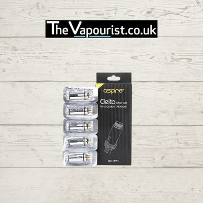 Aspire Cleito Coils 5-pack for DTL vaping, featuring enhanced airflow design for smooth draw and bold flavour. Ideal for dense vapor production.