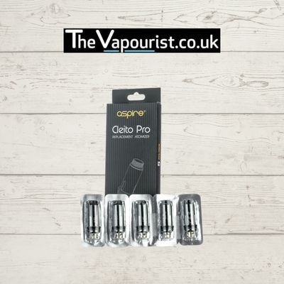 Aspire Cleito Pro 0.5Ω Coils 5 Pack displayed with packaging, ideal for 60-80W vaping and producing massive clouds with rich flavor.