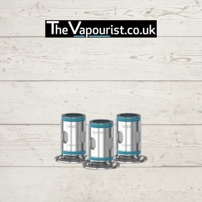 Aspire CloudFlask Coils for vaping, shown in a set of three with stainless steel and blue accents. Ideal for DTL vaping with rich flavor output.