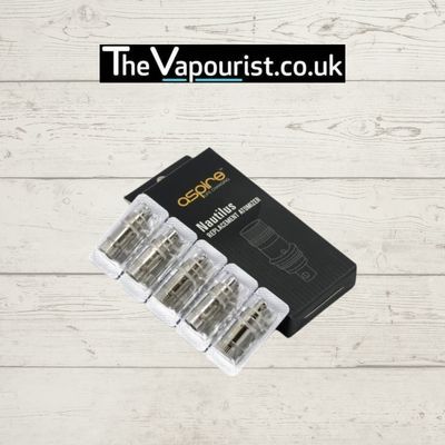 Aspire Nautilus Coils 5-pack for MTL vaping, shown in retail packaging with clear blister packs. Ideal for smooth airflow and flavor delivery.