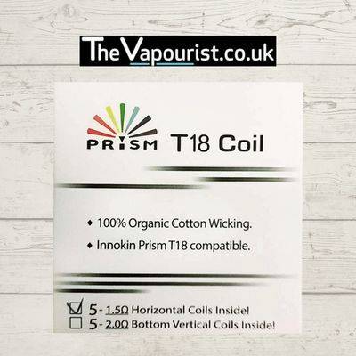 Innokin T18 Coils packaging showing compatibility with T18 & T20e tanks, featuring 1.5Ω and 2.0Ω coil options for smooth MTL vaping.