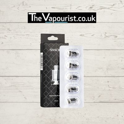 SMOK Nord Coils 5 Pack compatible with N19 tank, Nord 1 & Nord 2, shown in retail packaging and blister pack for vaporizers and e-cigarettes.