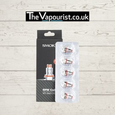 SMOK RPM Coils 5 Pack for RPM 40, Nord 2 & 4 Kits, featuring MTL Mesh 0.3Ω coils for enhanced flavour and vapour in vaping devices.