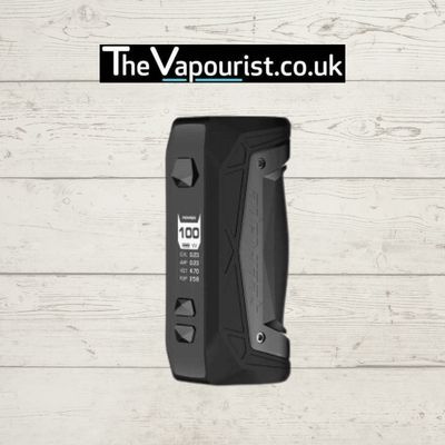 GEEKVAPE Aegis 100W Mod Box - 18650 & 21700 Compatible vaporizer in rugged black design, displayed on wood background for TheVapourist.co.uk.