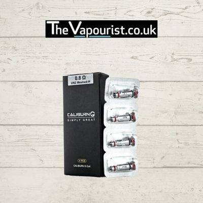 Uwell Caliburn G Coils 4 Pack with 0.8Ω UN2 Meshed-H design for rich flavour and smooth MTL vaping, displayed in blister packaging next to branded box.