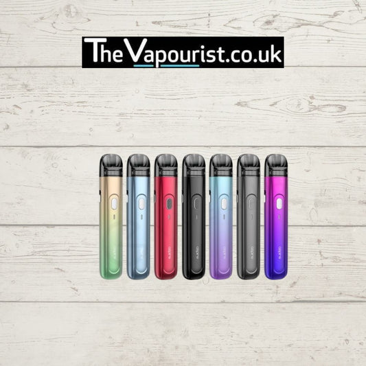 Aspire Flexus Q Kit in 8 color options displayed vertically, showcasing sleek pod design with AF coil compatibility and 3 power modes.
