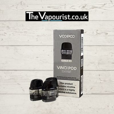 Voopoo Vinci Q Pods for Voopoo Vinci Q and Drag Nano 2, shown with retail packaging and two refillable cartridges on a wooden background.