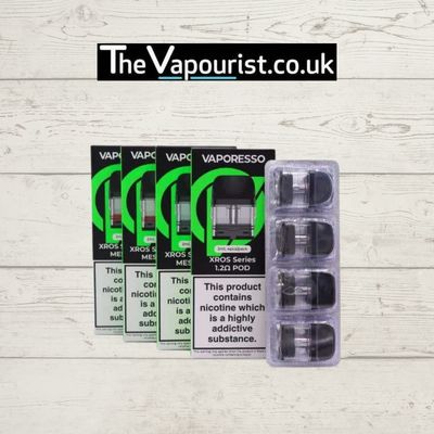Vaporesso XROS Series Pods 4 Pack for Vaporesso XROS devices, featuring refillable 1.2Ω pods in retail packaging with nicotine warning label.
