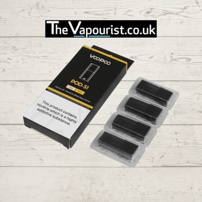 Voopoo Drag Nano S1 Pod 4-pack with built-in coils and refillable design, compatible with Voopoo Drag Nano Kit, displayed on wooden background.