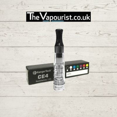 Kangertech CE4 Disposable Tank Clearomizer for EGO Batteries with 1.8Ω resistance, shown with retail box on wooden background.