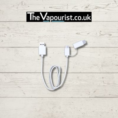 Eleaf QC 3.0 USB Charging Cable for fast and efficient charging of Eleaf vaporizers, shown coiled with USB and Type-C connectors on wood background.