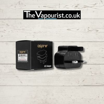 Aspire 1A UK 3 Pin Plug USB charger with black retail box, compact design ideal for Aspire vape devices, shown on wood background.