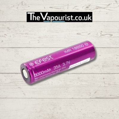 EFest 18650 3000 mAh 35A Battery Cell - high performance lithium-ion battery for vaporizers and vaping mods, shown on wood background.