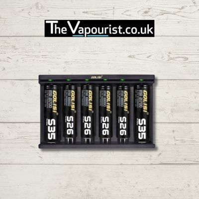 Golisi Needle 6 Charger - high-performance charging device with six lithium-ion batteries inserted, ideal for vaporizers and e-cigarettes.
