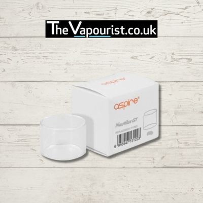Aspire Nautilus GT Bubble Glass - premium replacement tube for expanding eliquid capacity, shown with branded box on wood background.