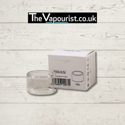 Aspire Odan Tank Glass 7ml - replacement bubble glass for vaporizers, shown with product box on wooden background.