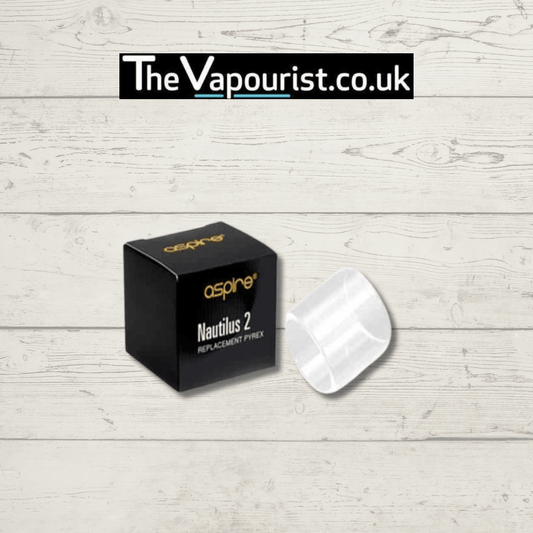 Aspire Nautilus 2 Glass replacement tube for Aspire Nautilus 2 tank, shown with branded box on wooden background. Ideal for vape tank repairs.