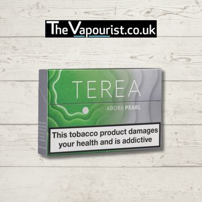 IQOS TEREA Abora Pearl - Green Apple Menthol | 20 Sticks box with vibrant green and silver design, ideal for IQOS Iluma vaporizers. Features Click Menthol control.