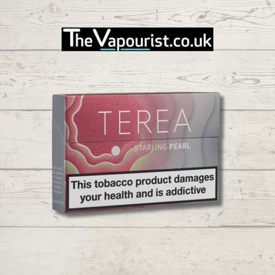 IQOS TEREA Starling Pearl menthol sticks with strawberry and basil flavor, displayed in branded packaging for vaporizers and e-cigarettes.