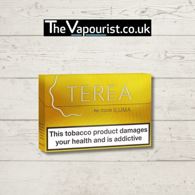 IQOS TEREA Yellow - Smooth Tobacco Sticks | Mild Flavor, 20 Sticks pack for IQOS Iluma, shown with health warning label on wooden background.