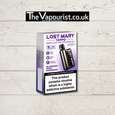 LOST MARY TAPPO Pod Kit - Blueberry Sour Raspberry Pod with rechargeable device and bold flavor, displayed in branded retail packaging.