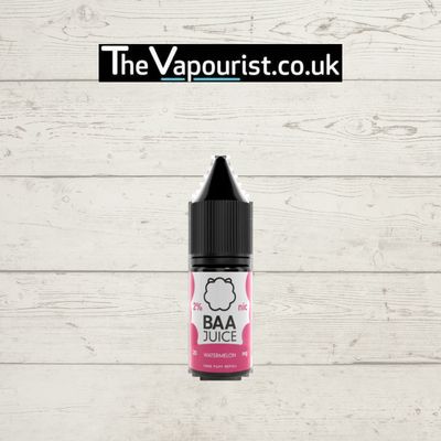 Baa Juice Salts Watermelon Ice - Vape | Juicy & Cooling, 10ml bottle with 2% nicotine, displayed against a white wooden background