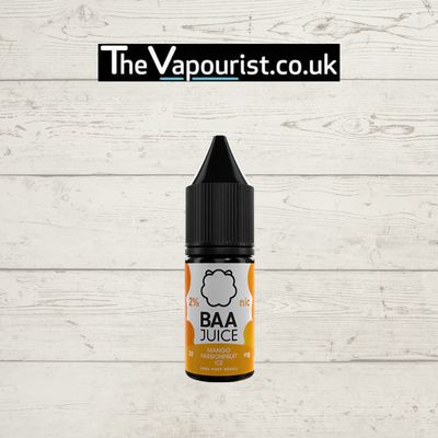 Baa Juice Salts Mango Passionfruit Ice Vape with 2% nicotine salt, featuring tropical mango and passionfruit flavors with a cool icy finish.