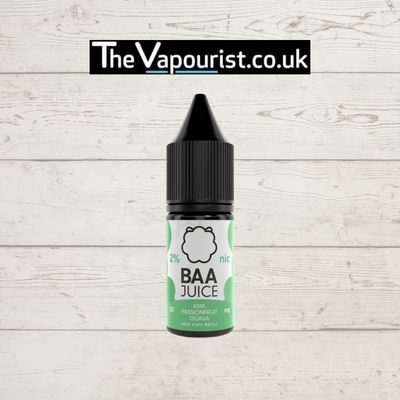 Baa Juice Salts - Kiwi Passionfruit Guava vape juice bottle with 20mg nicotine strength, displayed against a white wooden background. Tropical vape blend ideal for MTL vaping.