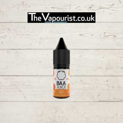 Baa Juice Orange Fizz Vape Juice 10ml bottle with 2% nicotine salt, ideal for MTL vaping. Features fizzy orange flavor on rustic wood background.