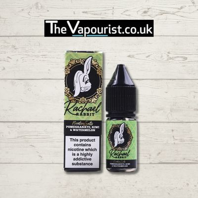 Rachael Rabbit Salts - Pomegranate Kiwi Watermelon vape juice bottle and packaging with rabbit logo, available in nicotine strengths from 5mg to 20mg.