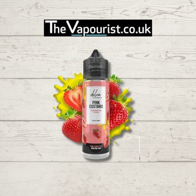 Dolce Desserts Pink Custard Vape Juice 50ml bottle with strawberry and vanilla custard flavor, ideal for DTL vaping and rich cloud production.