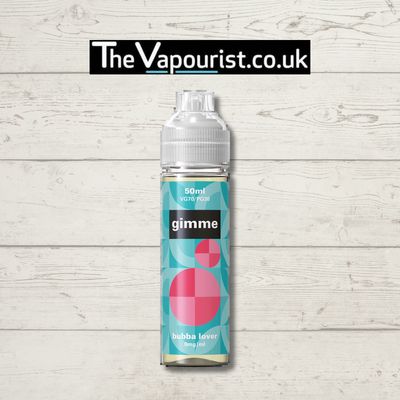 Gimme Bubblegum 50ml vape juice with sweet and fruity bubblegum flavour, featured on a rustic wood background for TheVapourist.co.uk.