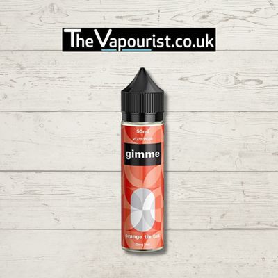 Gimme Orange Tik Tak 50ml vape juice with bold orange flavor and Tik Tak candy notes, featured on a rustic wood background for TheVapourist.co.uk.
