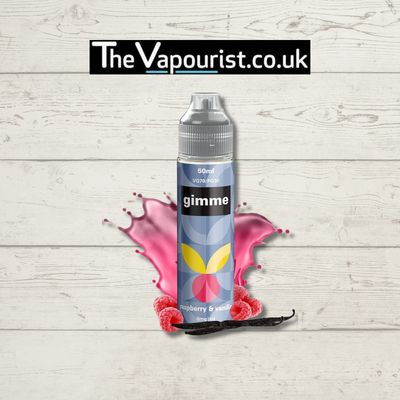 Gimme Raspberry & Vanilla 50ml vape juice bottle with splash of pink liquid, raspberries, and vanilla pods, highlighting creamy richness of vanilla.