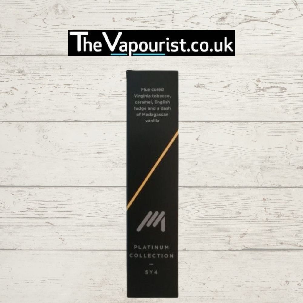 Mirage Platinum SY4 vaporizer e-liquid box featuring SY4 tobacco blend with caramel, English fudge, and Madagascan vanilla. Premium 50ml shortfill.