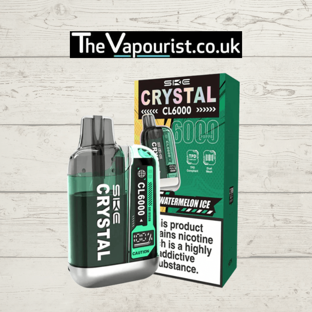 SKE Crystal CL6000 Prefilled Pod Kit Watermelon Ice with sleek green design and branded packaging, ideal for long-lasting vaping flavour.