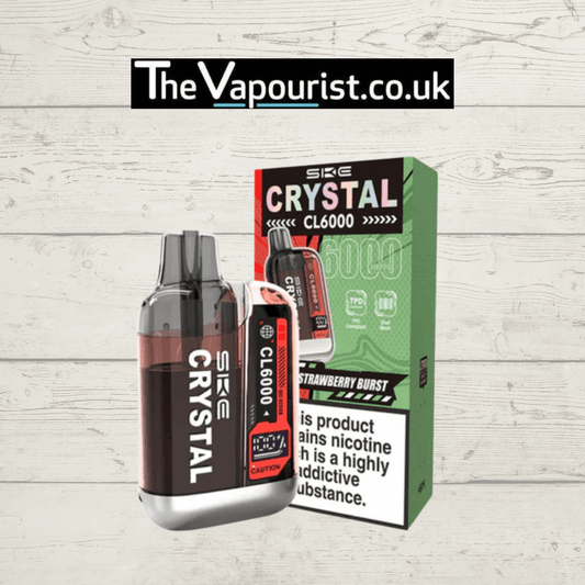 SKE Crystal CL6000 Prefilled Pod Kit Strawberry Burst with packaging, featuring sleek black and red vape design and bold flavor branding.