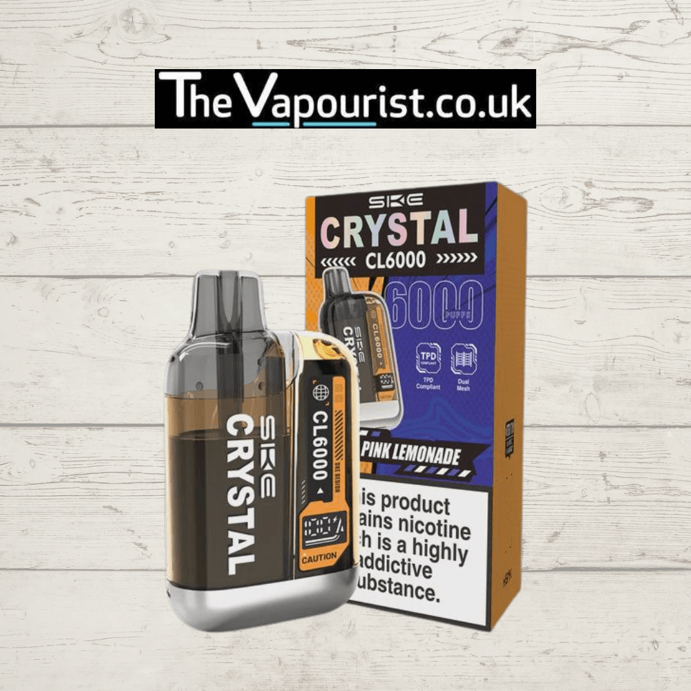 SKE Crystal CL6000 Prefilled Pod Kit Pink Lemonade with packaging, featuring sleek black and silver design for long-lasting vaping performance.