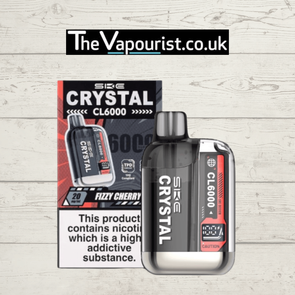 SKE Crystal CL6000 Prefilled Pod Kit Fizzy Cherry with packaging, showcasing sleek vape design and long-lasting fizzy cherry flavour.