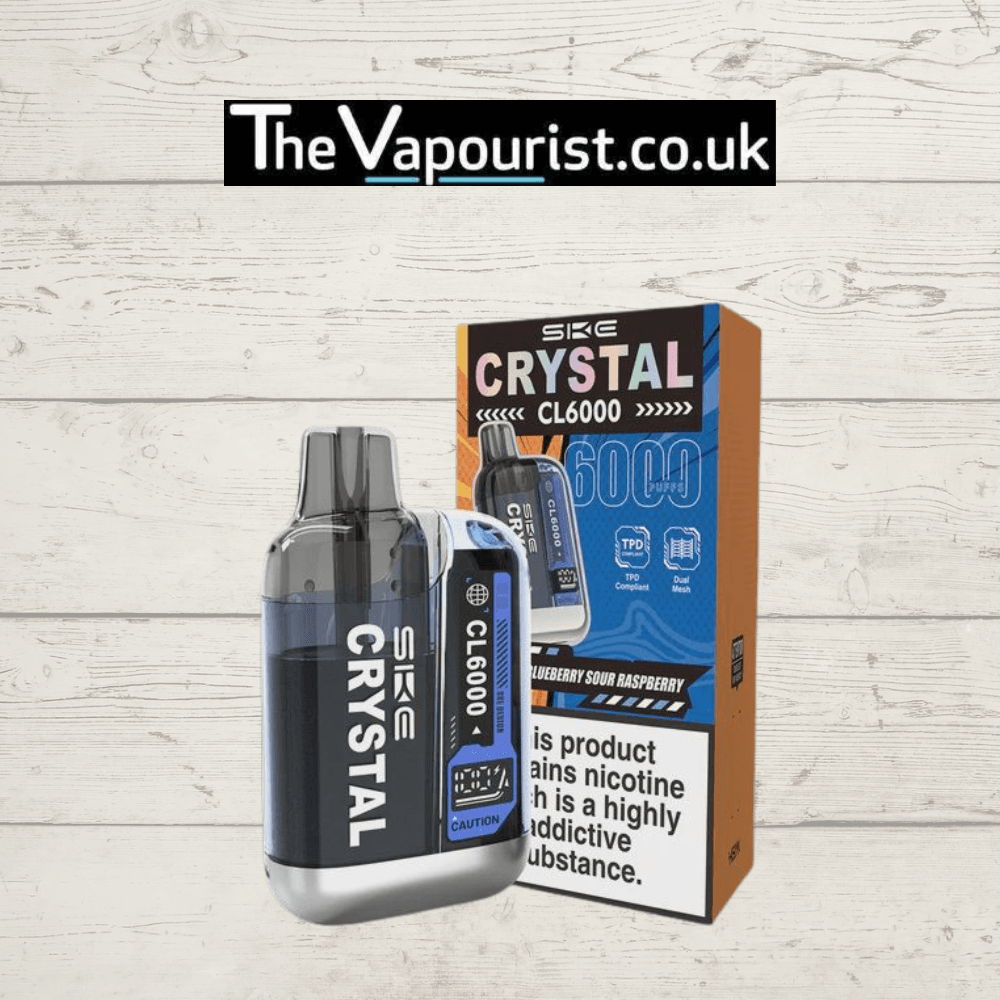 SKE Crystal CL6000 PreFilled Pod Kit Blueberry Sour Raspberry with packaging, featuring a sleek black and blue disposable vape design.