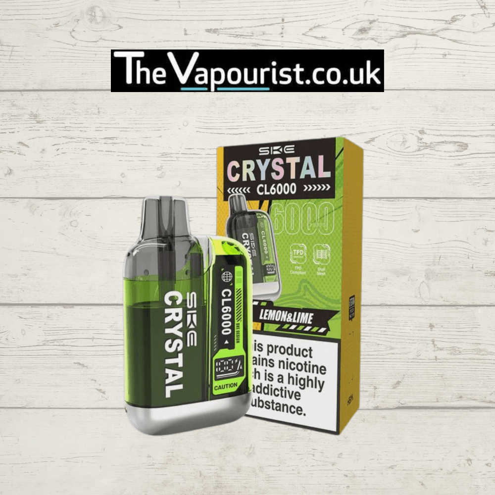 SKE Crystal CL6000 Prefilled Pod Kit Lemon Lime with sleek green design and branded packaging, offering long lasting flavour and 1200mAh battery.