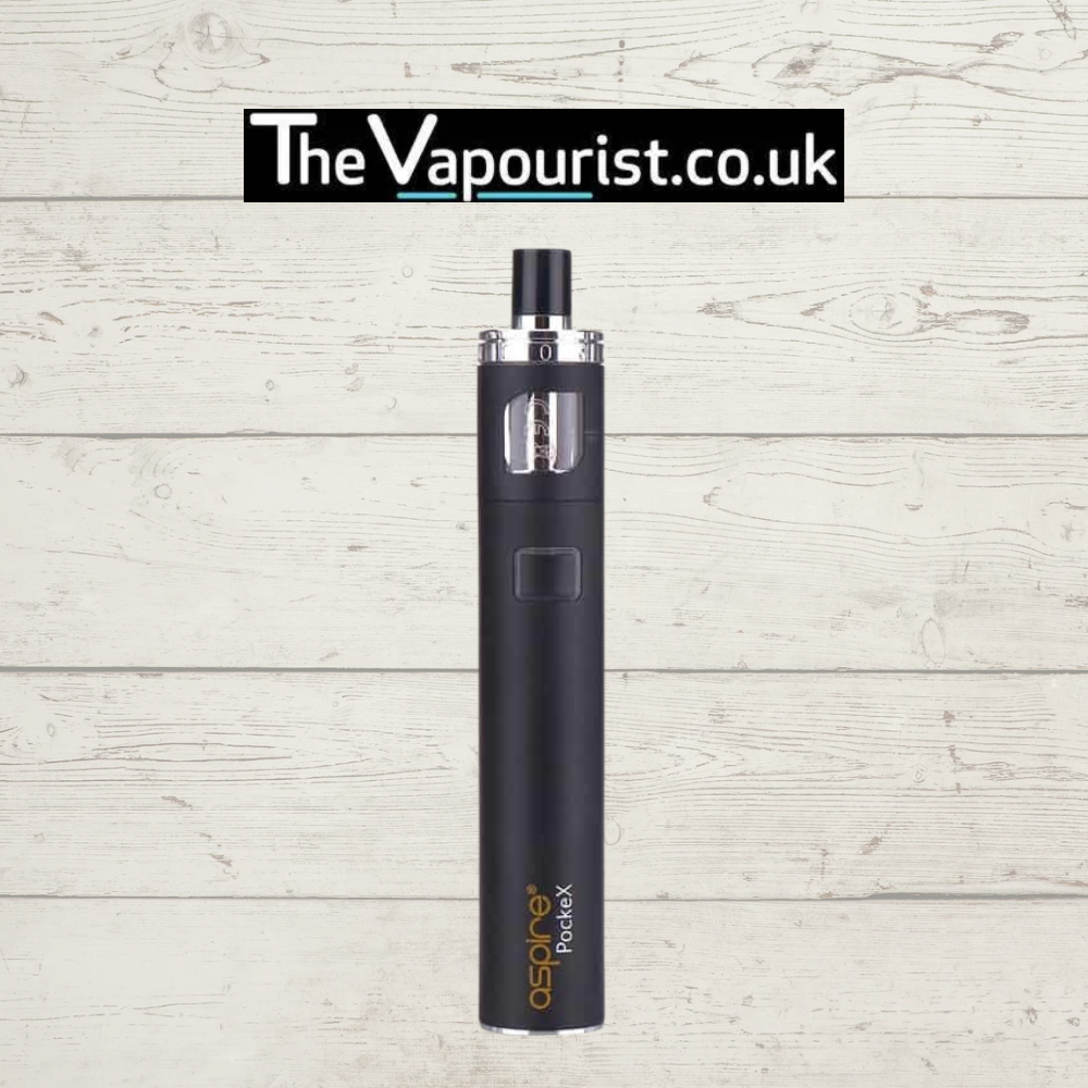 Aspire PockeX Kit in matte black, sleek AIO vape device for beginners. Compatible with Nautilus X & PockeX coils from The Vapourist.